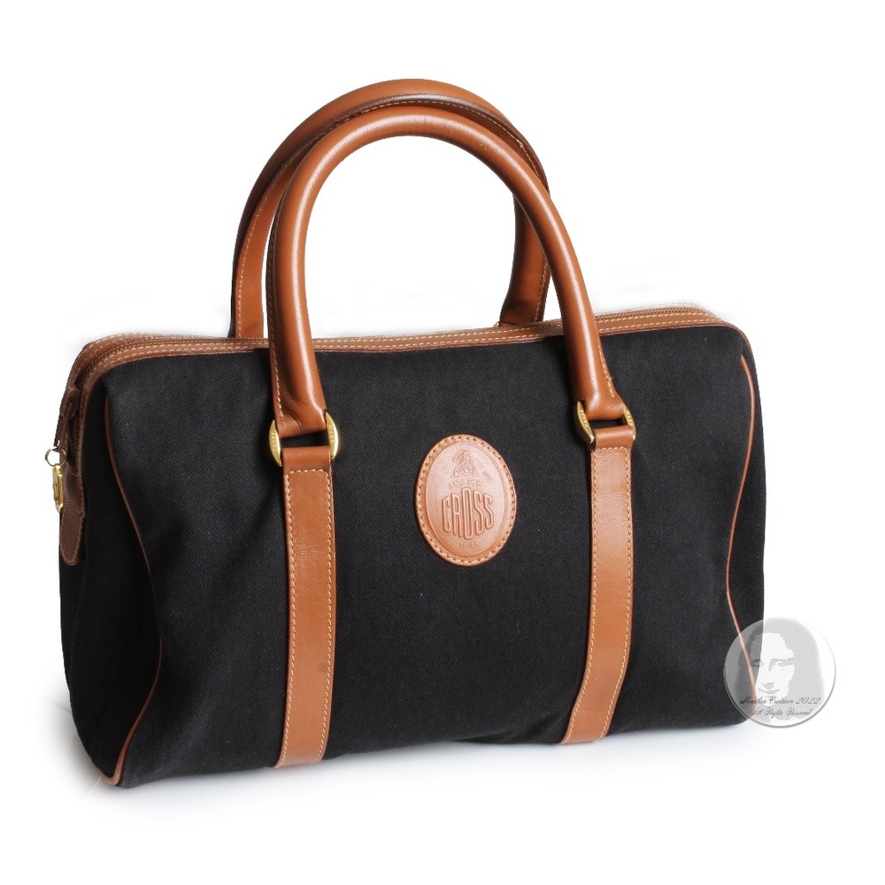 Mark Cross Satchel Handbag Black Twill Canvas & Saddle Leather Trim Vintage